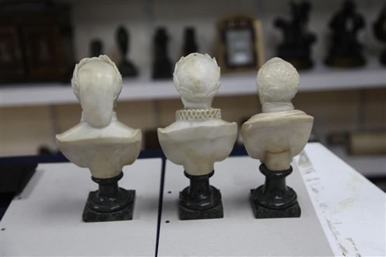 A set of six early 19th century Italian carved alabaster busts of artists and writers, height 8.25in.